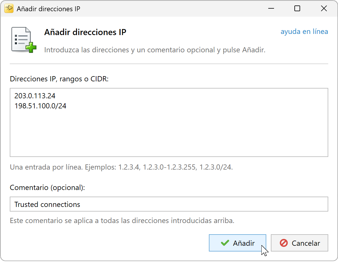 Adición de direcciones IP con una dirección y un rango CIDR