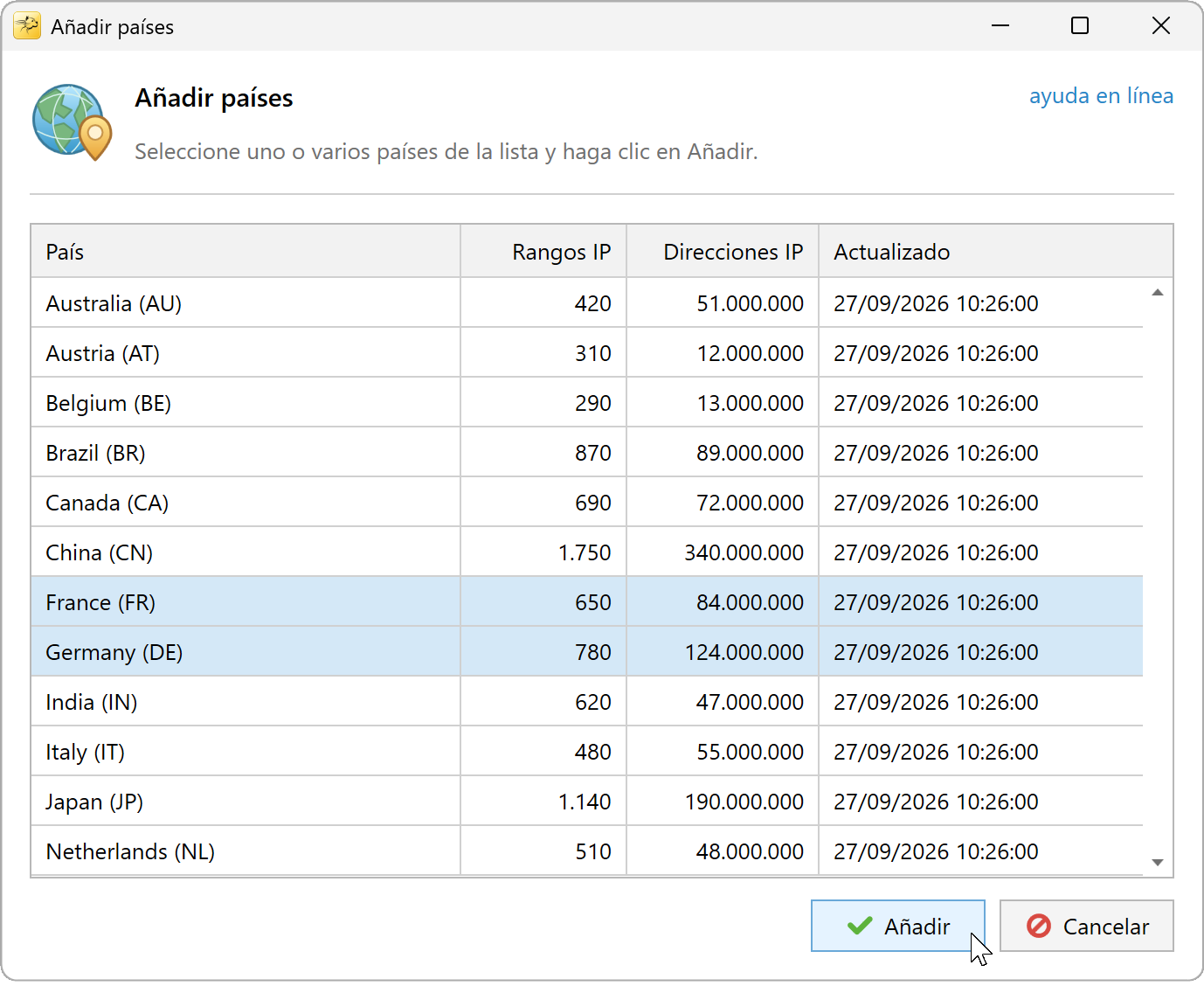 Cuadro de diálogo Agregar países con varios países seleccionados