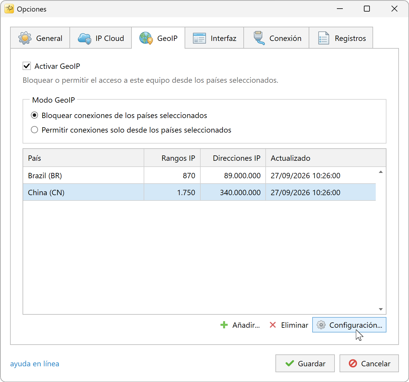 Botón Configuración de la pestaña GeoIP