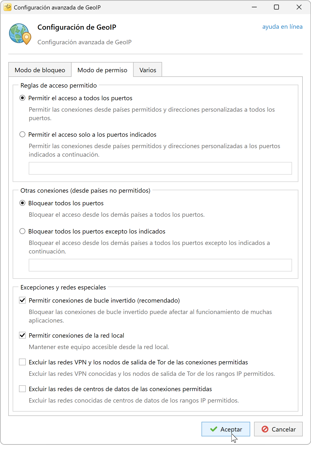 Configuración avanzada de GeoIP, pestaña Modo de permiso