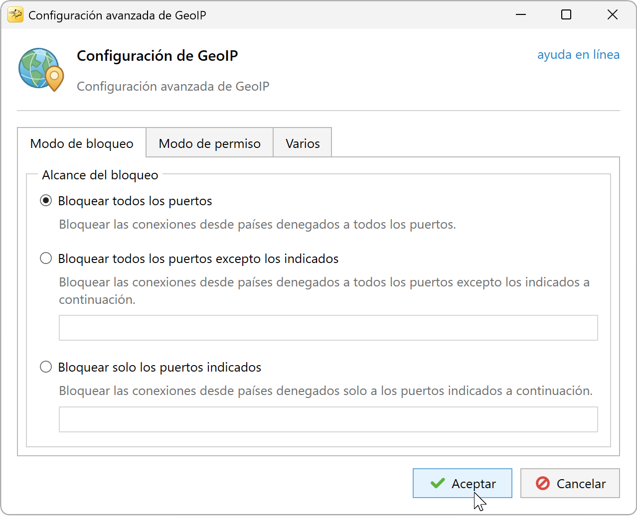 Configuración avanzada de GeoIP, pestaña Modo de denegación