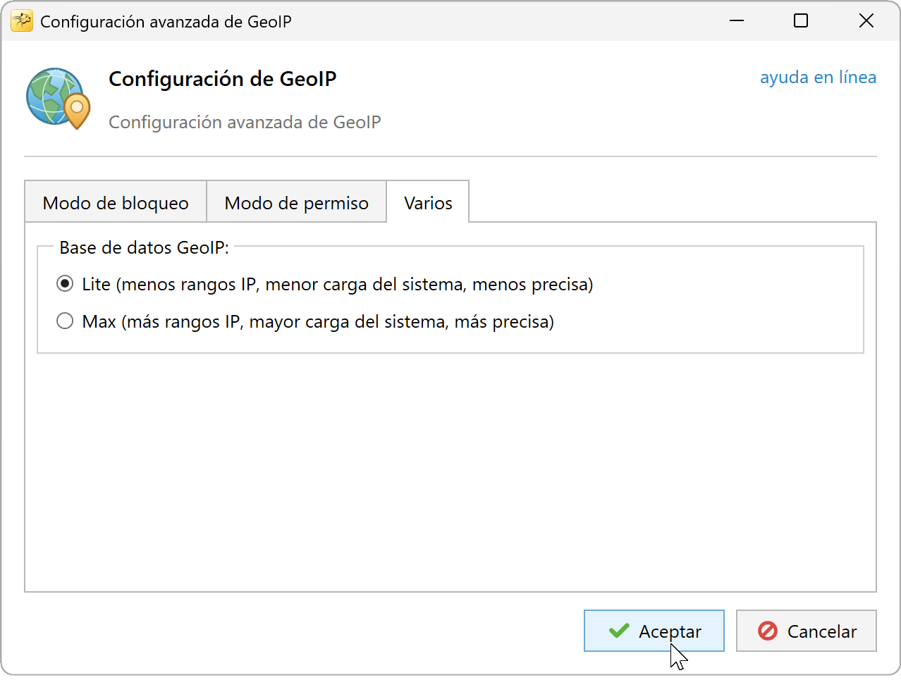Configuración avanzada de GeoIP, pestaña Varios
