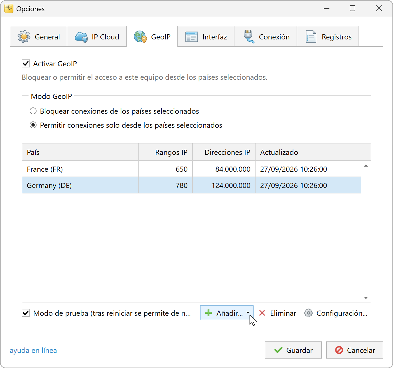 GeoIP en modo Permitir con países seleccionados