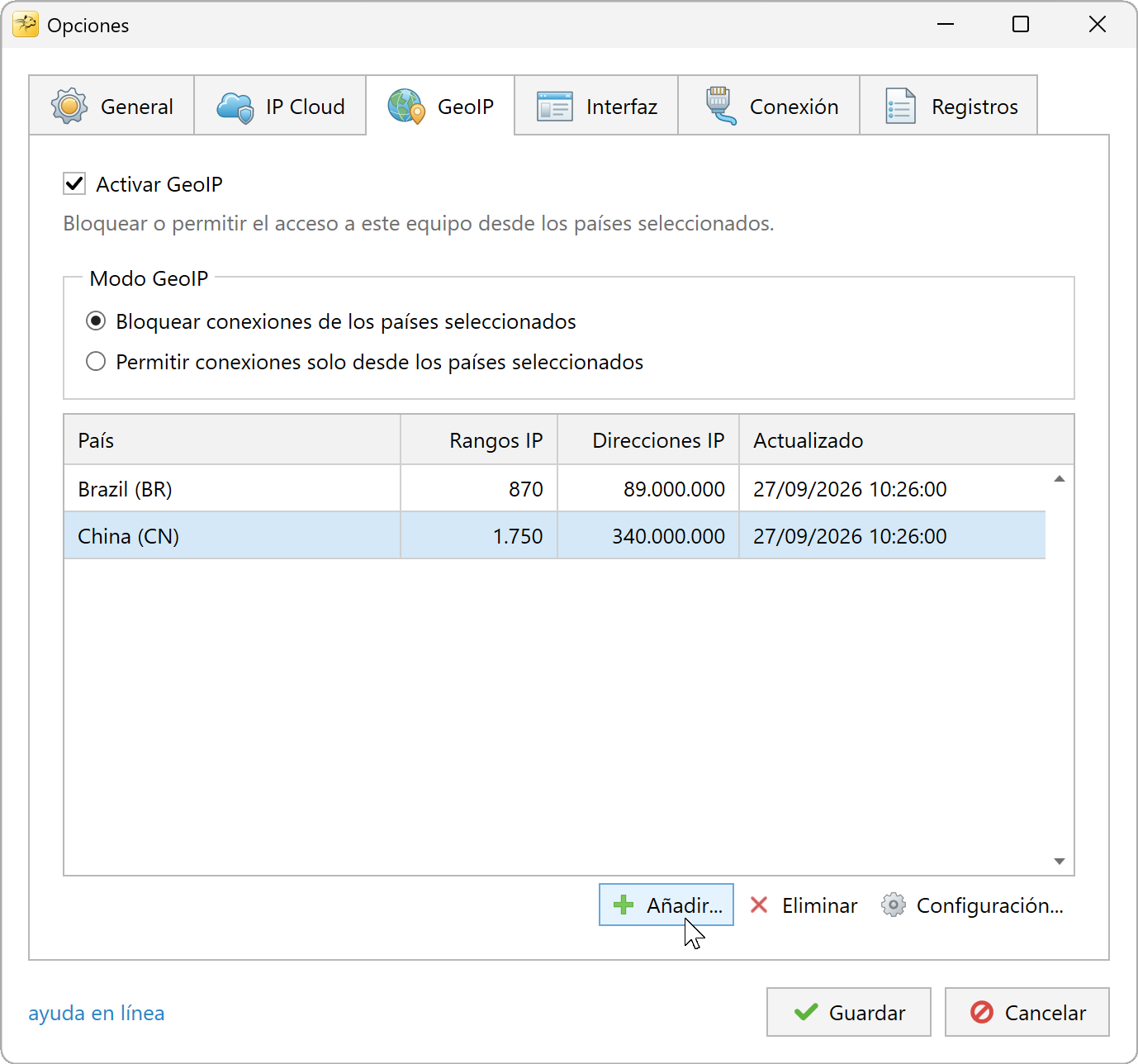 GeoIP en modo Denegar con países seleccionados
