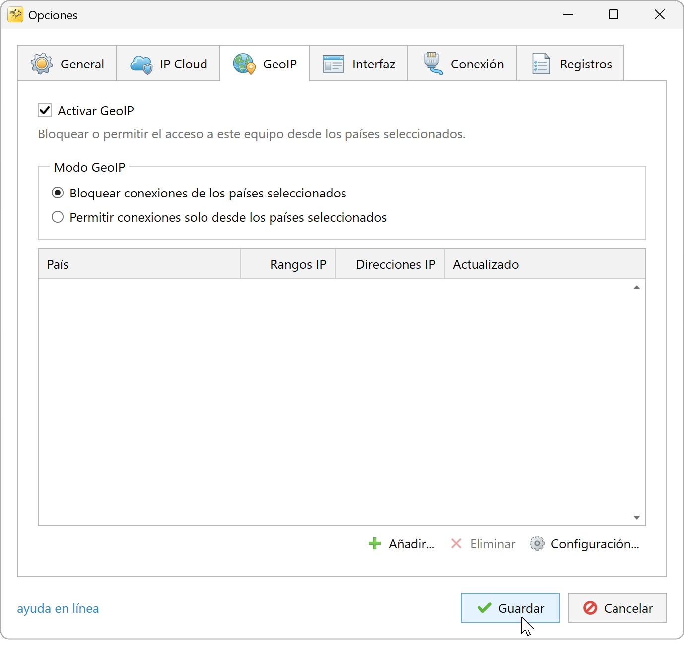 Opciones de RdpGuard con Habilitar GeoIP marcado