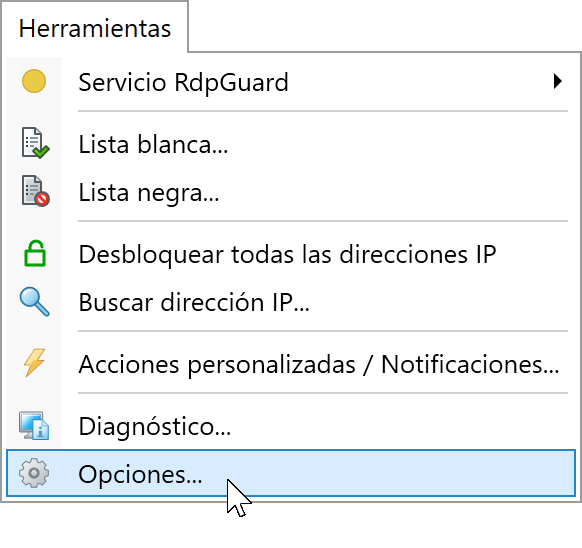 Menú Herramientas de RdpGuard con Opciones seleccionado