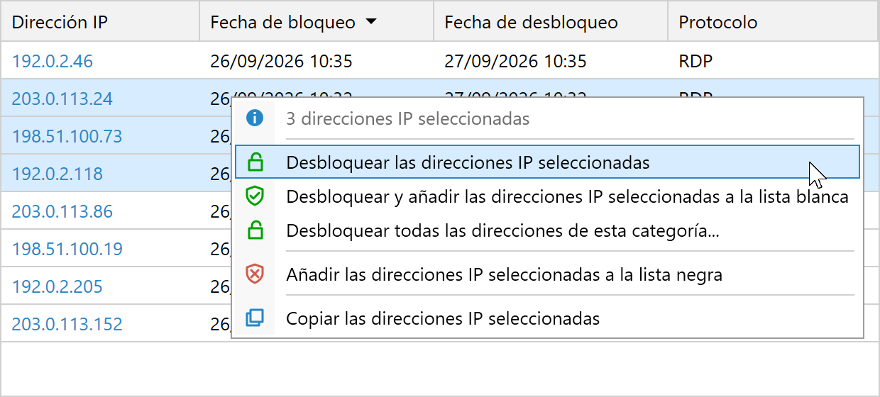 Desbloquear varias direcciones IP