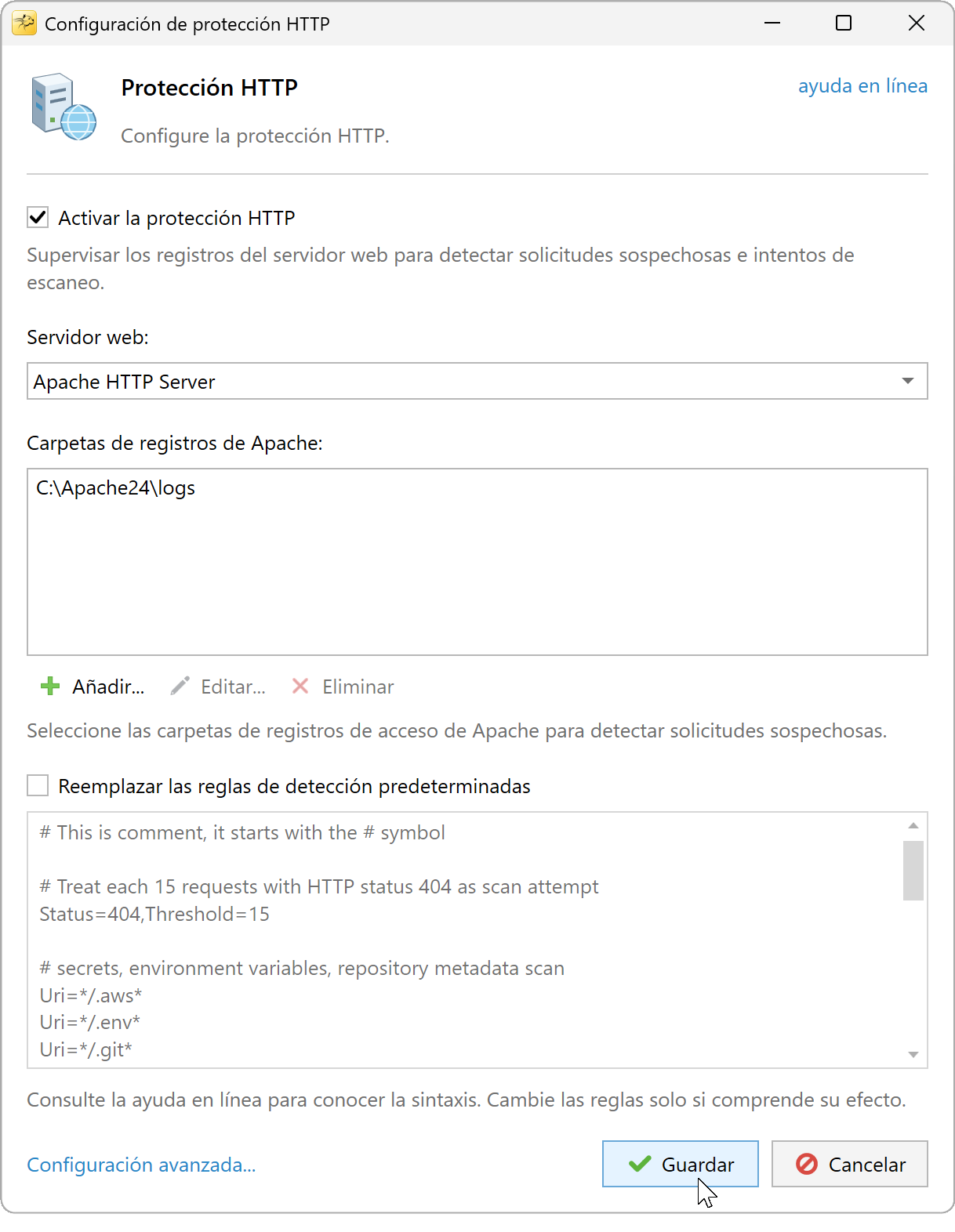 Protección HTTP para Apache con una carpeta de registros de ejemplo