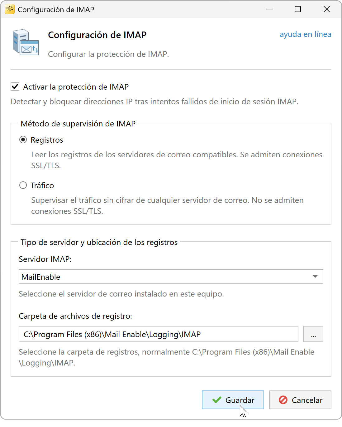 Configuración IMAP con Registros seleccionado y una carpeta MailEnable