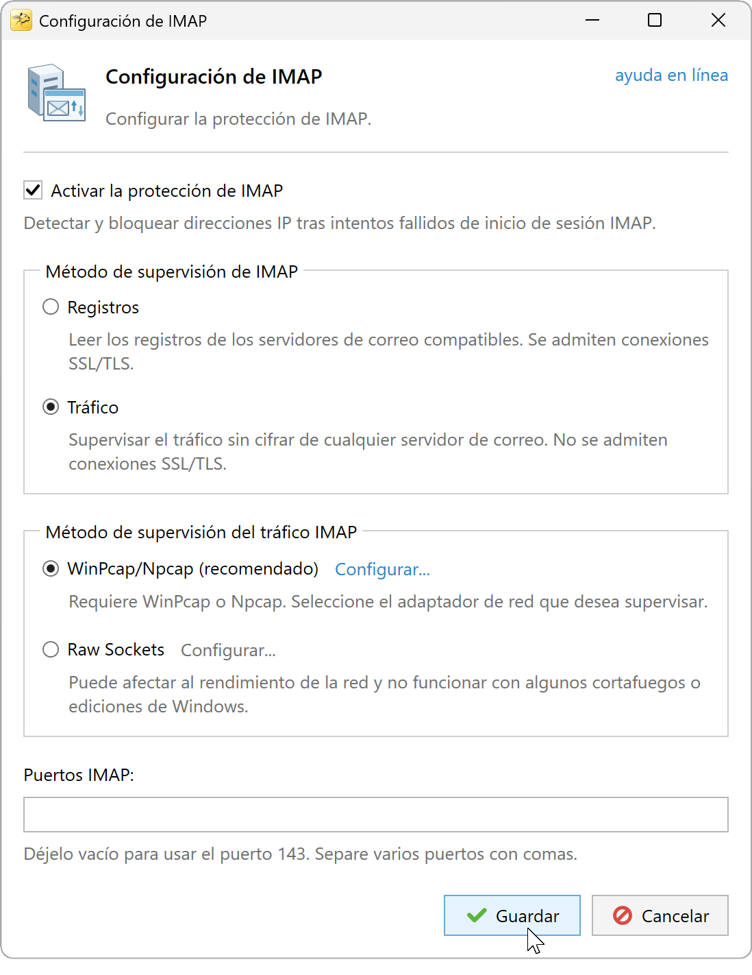 Configuración IMAP con Tráfico y WinPcap/Npcap seleccionados y el campo de puertos vacío