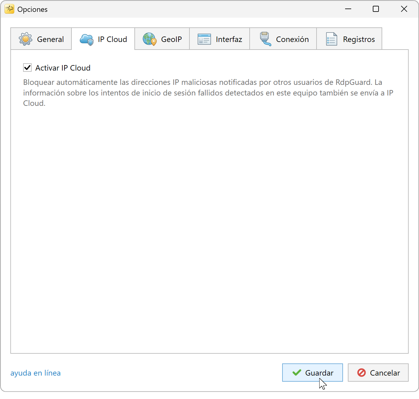 Opciones de RdpGuard con Habilitar IP Cloud marcado