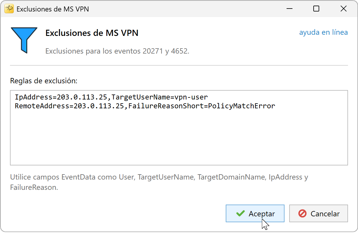 Exclusiones MS VPN limitadas a una IP de origen y a detalles del evento
