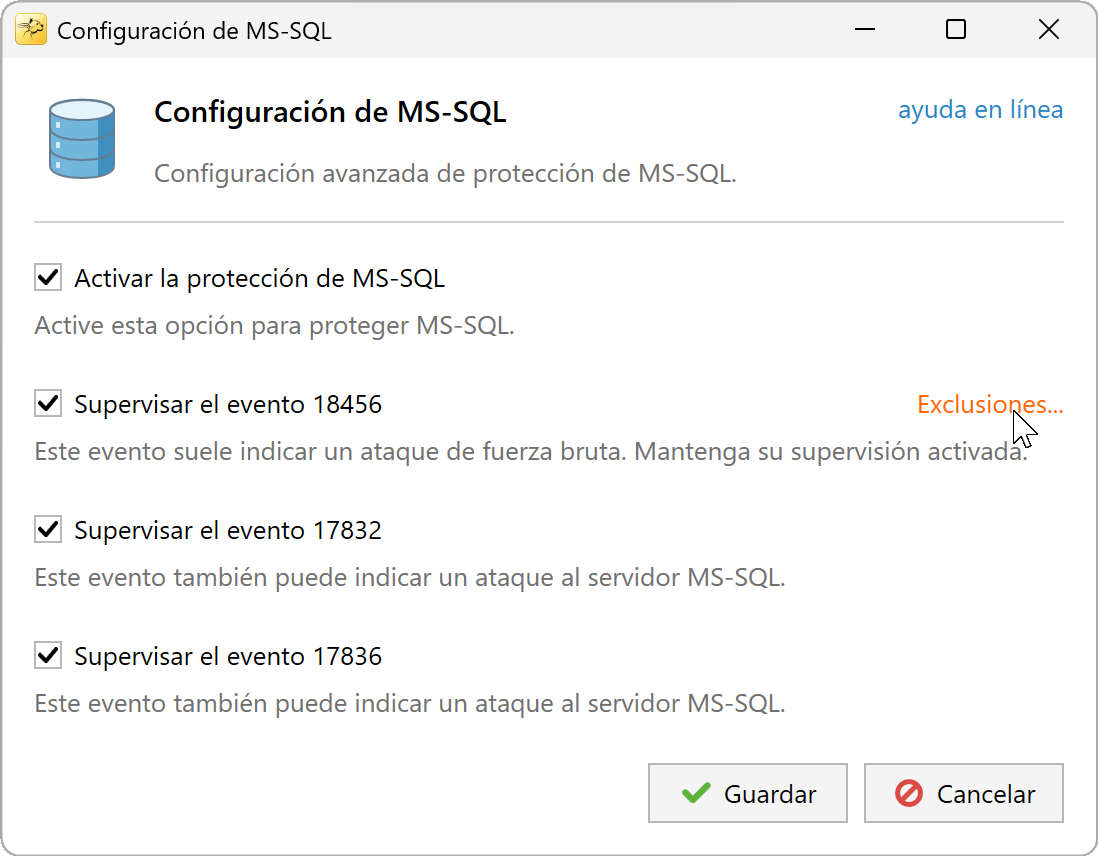 Enlace Exclusiones junto al evento 18456 en la configuración MS-SQL