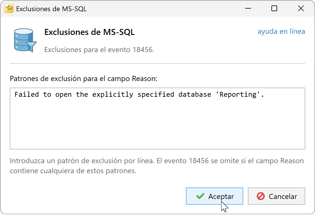 Exclusiones MS-SQL con un patrón de ejemplo de fallo de acceso a una base de datos