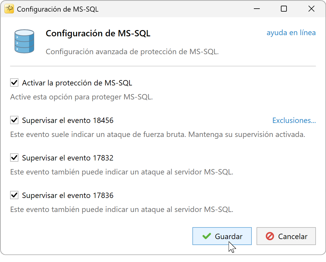 Configuración MS-SQL: protección habilitada y eventos 18456, 17832 y 17836 seleccionados