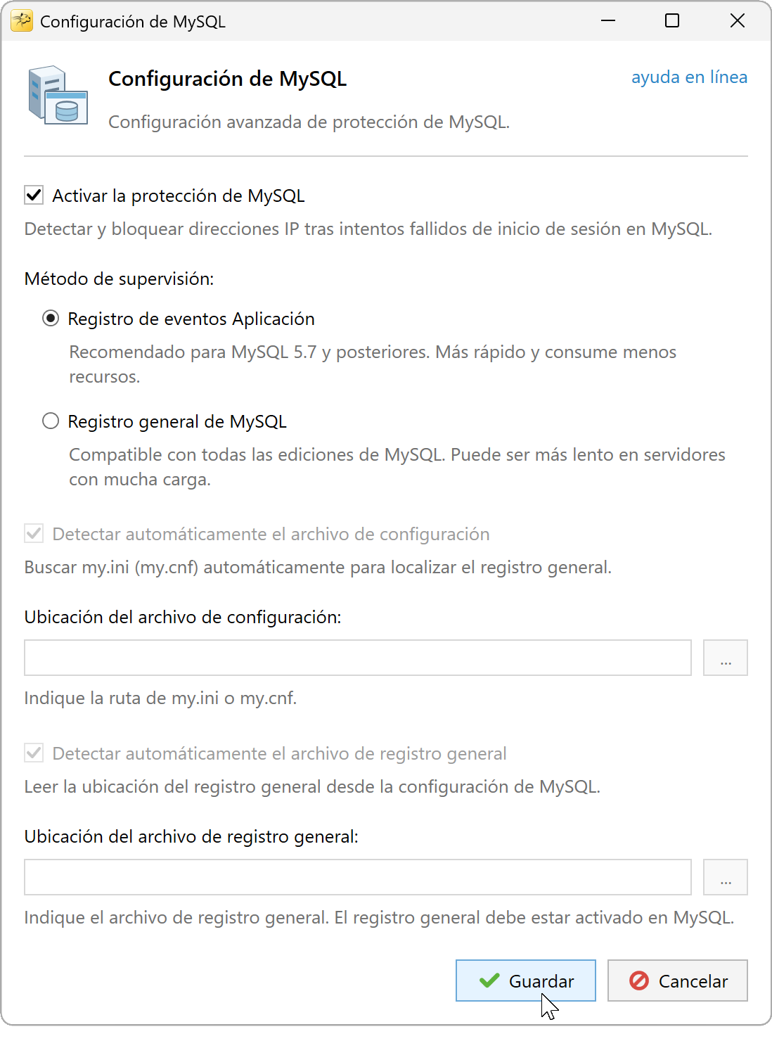 Configuración MySQL: registro Application seleccionado y opciones del registro general deshabilitadas