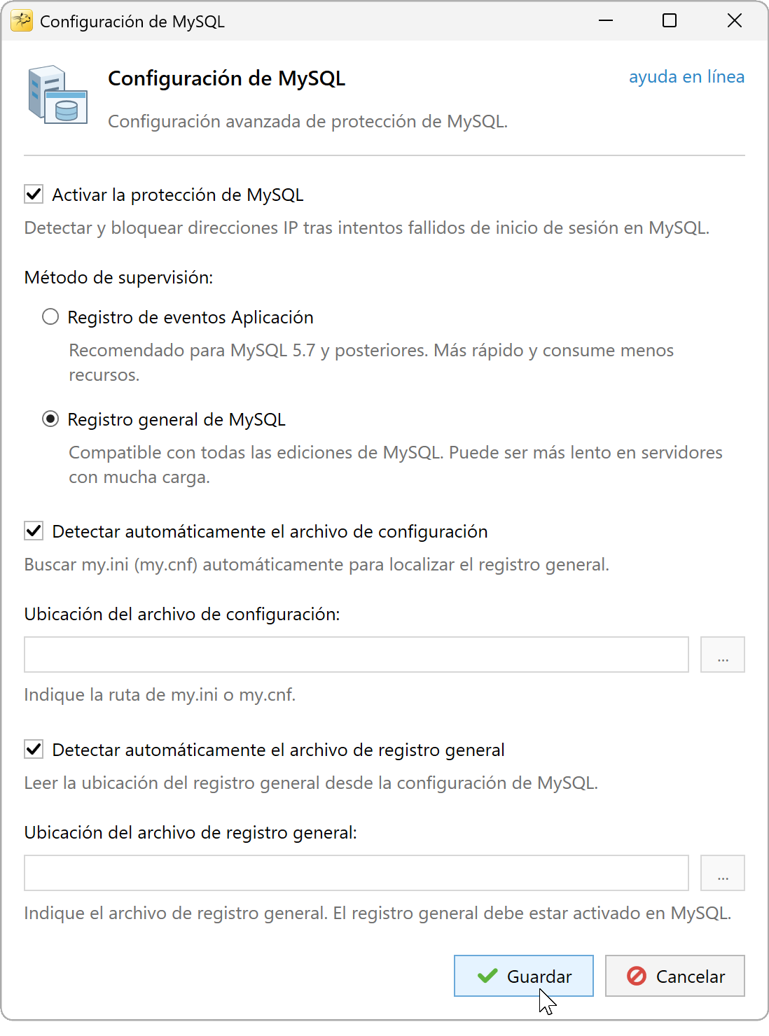 Configuración MySQL: registro general y búsqueda automática seleccionados