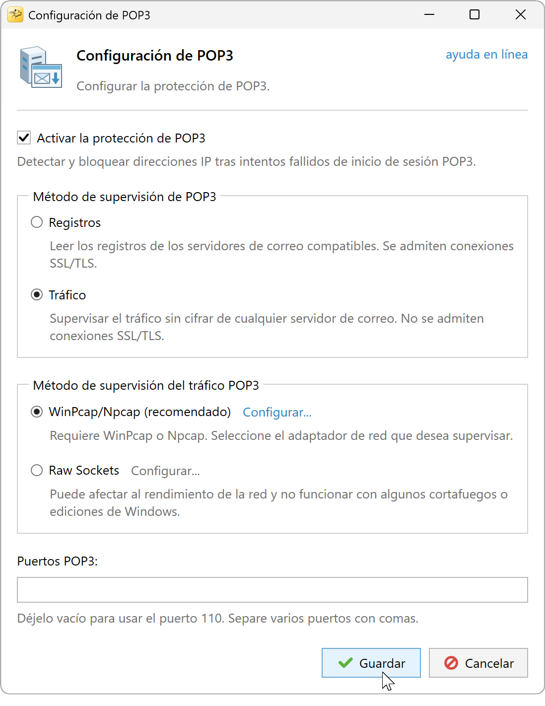 Configuración POP3 con Tráfico y WinPcap/Npcap seleccionados y el campo de puertos vacío