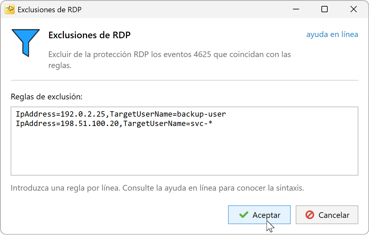 Exclusiones RDP con dos ejemplos basados en IP y usuarios