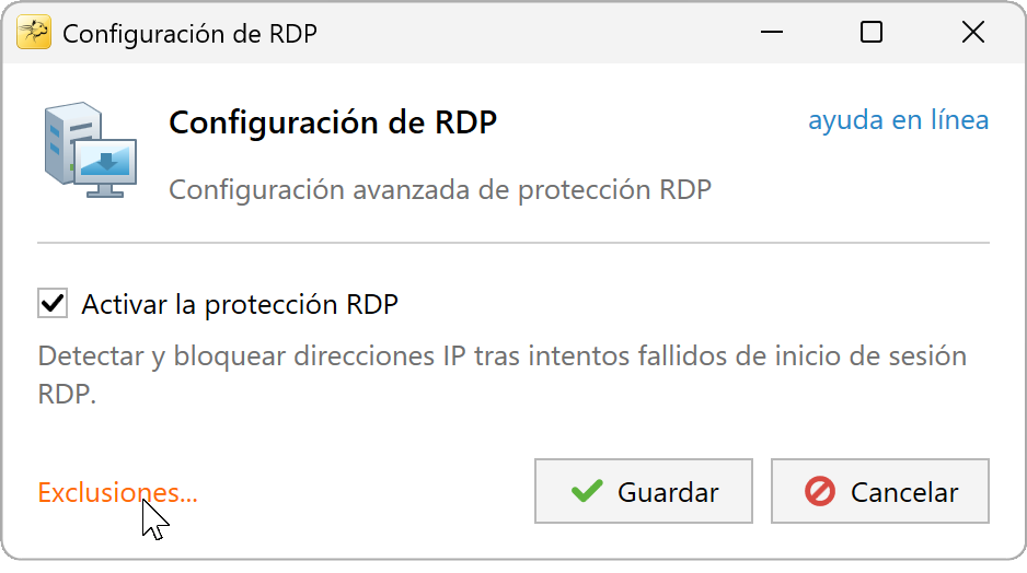 Enlace Exclusiones al pie de la configuración RDP