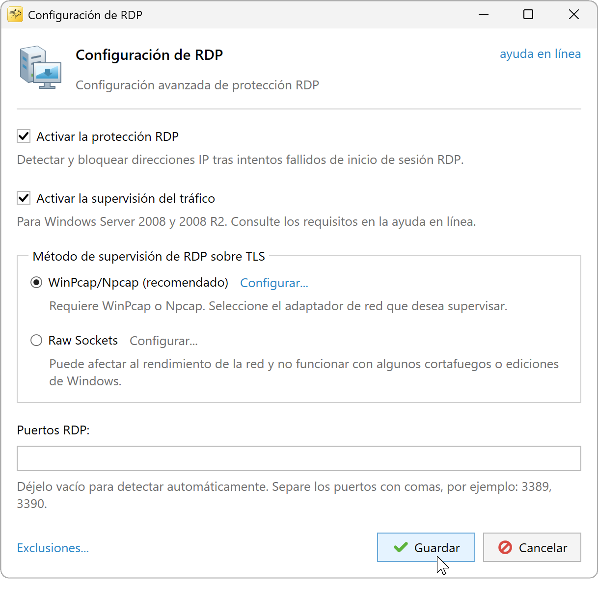 Configuración RDP con supervisión del tráfico y WinPcap en Windows Server 2008