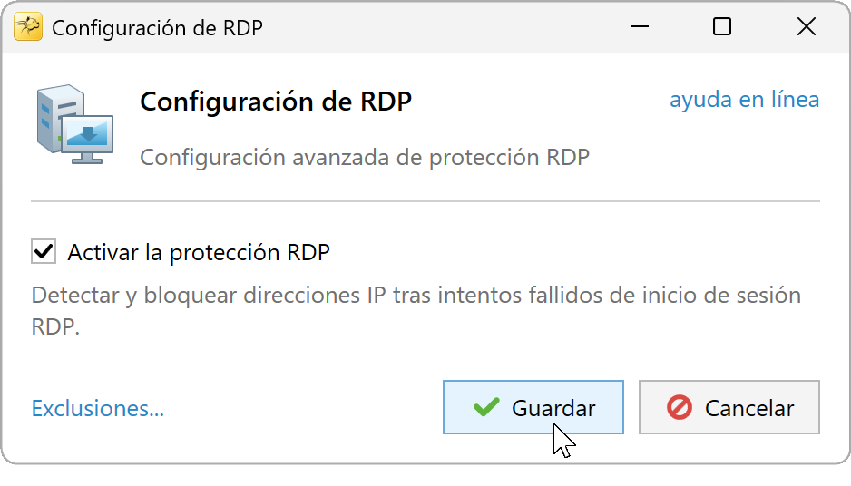Configuración RDP con Habilitar la protección RDP marcado