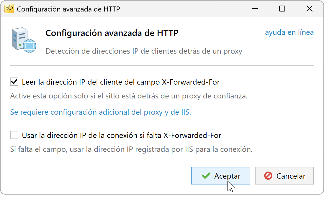 Configuración HTTP avanzada: X-Forwarded-For habilitado y uso alternativo de la IP de conexión deshabilitado