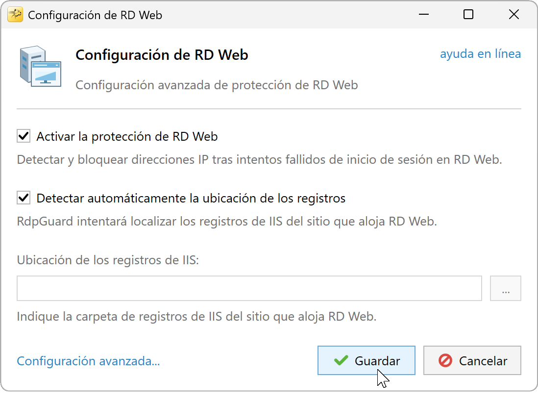 Configuración RD Web con protección y búsqueda automática de registros habilitadas