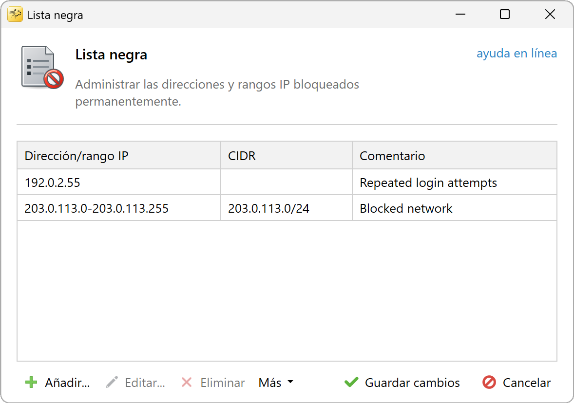 Lista negra con IP y rangos bloqueados