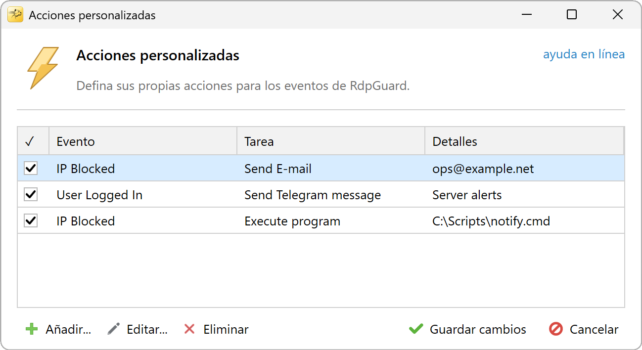 Acciones personalizadas: ejemplos de correo, Telegram y programa