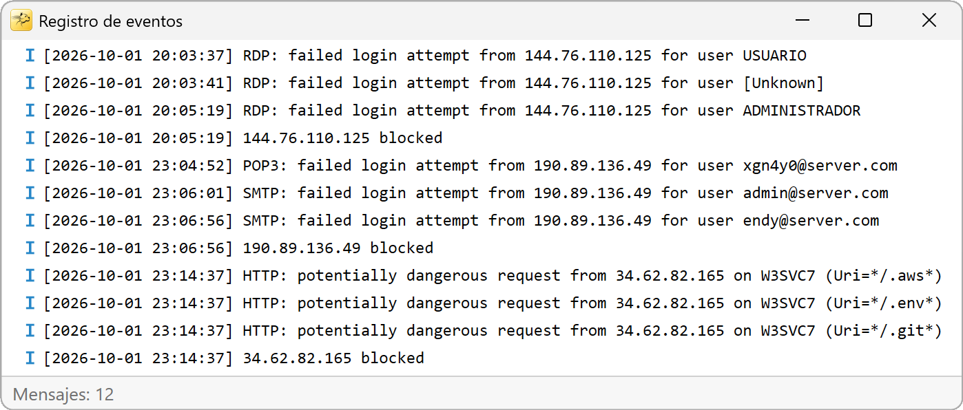 Registro de RdpGuard: inicios de sesión fallidos, solicitudes HTTP sospechosas e IP bloqueadas