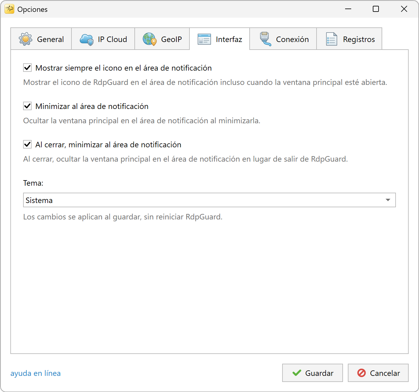 Opciones de interfaz: área de notificación y tema