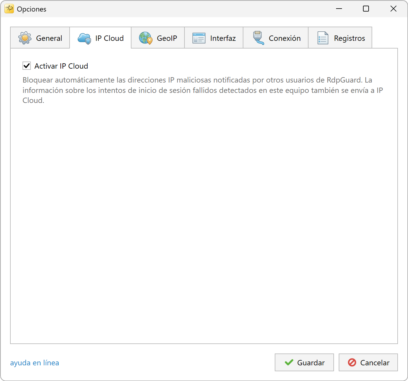 Opciones de IP Cloud de RdpGuard