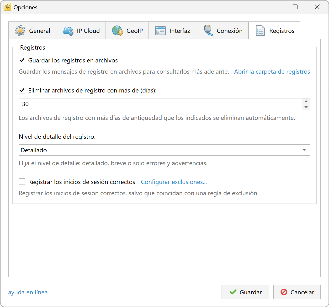 Opciones de registro: archivos, conservación y nivel de detalle