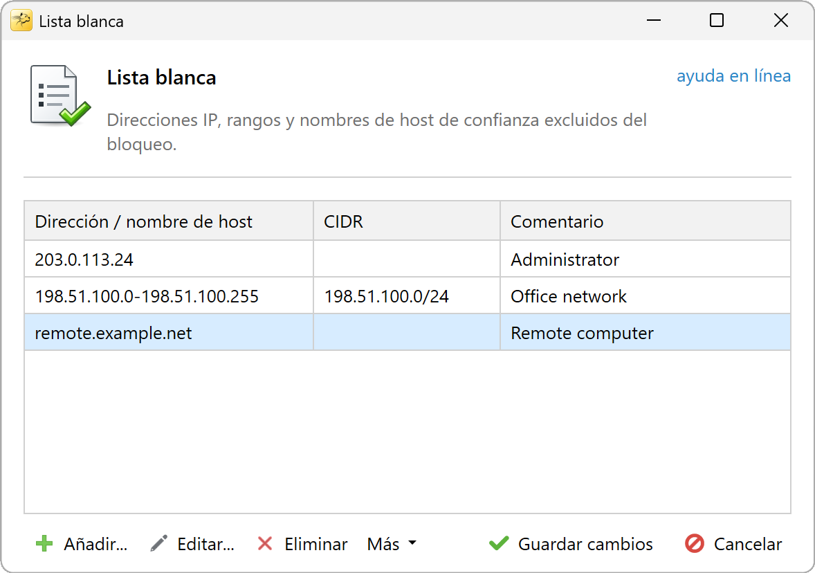 Lista blanca con IP, rangos y nombres de host de confianza