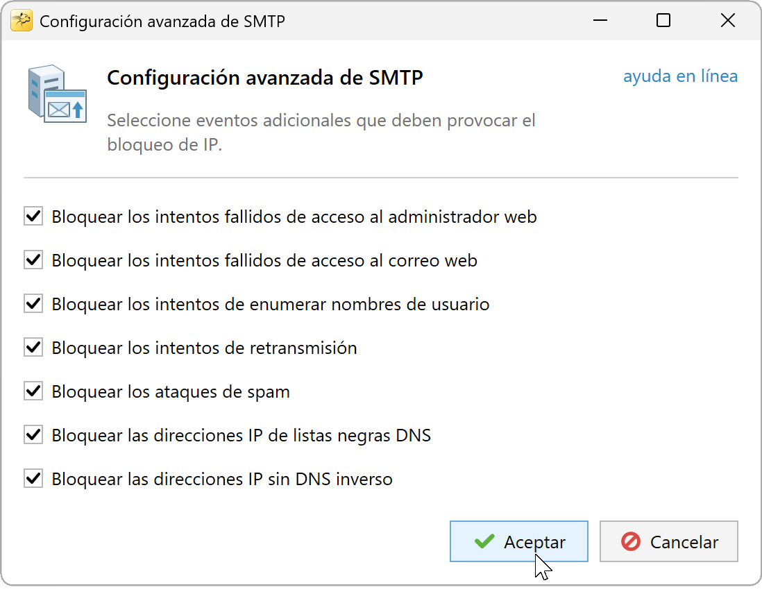Configuración SMTP avanzada con las siete categorías de eventos adicionales habilitadas