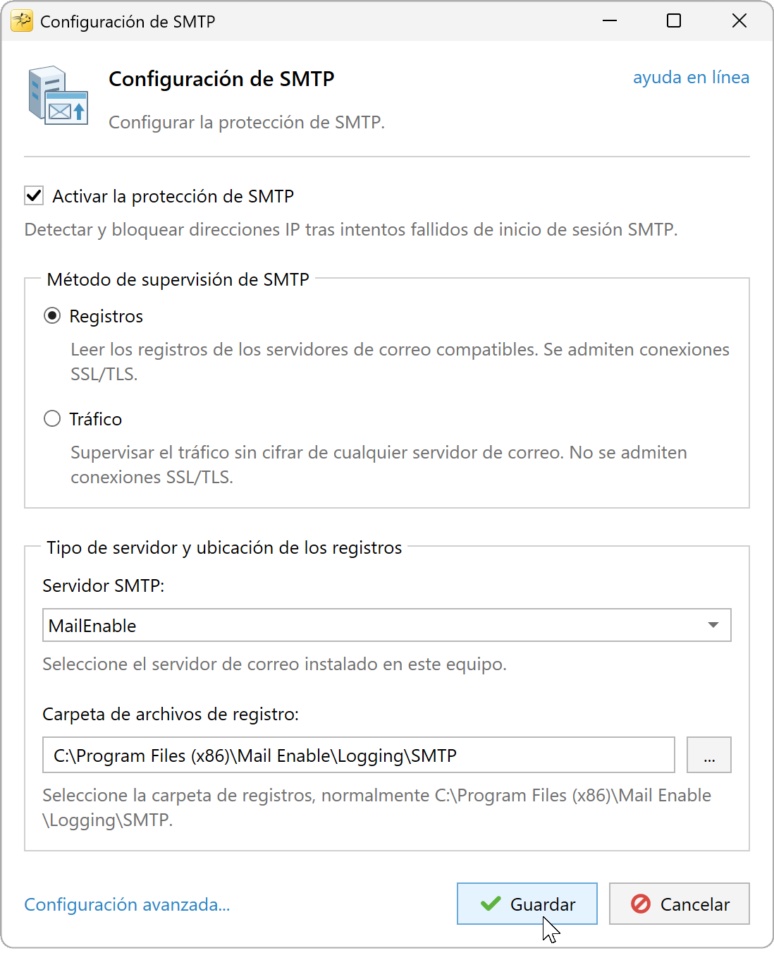 Configuración SMTP con el método Registros y una carpeta de registros SMTP de MailEnable