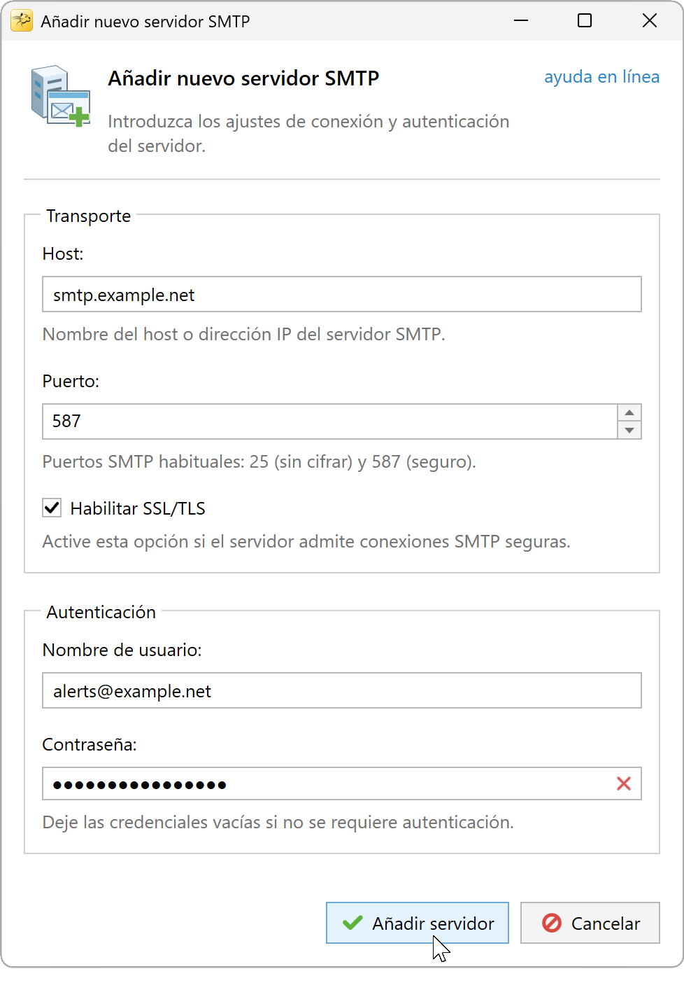 Ventana Agregar servidor SMTP