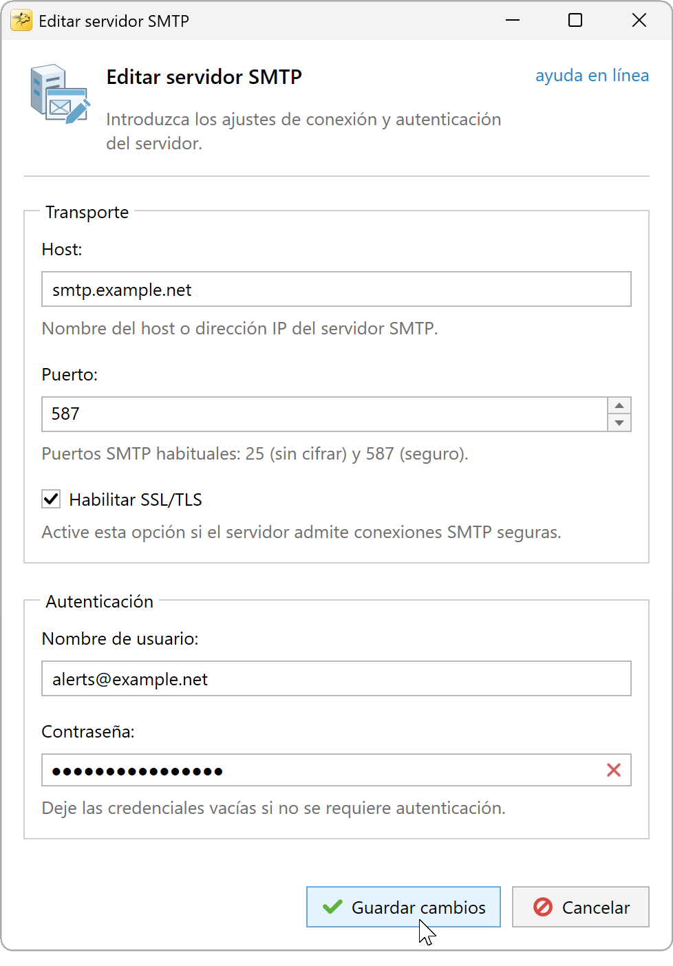 Ventana Editar servidor SMTP