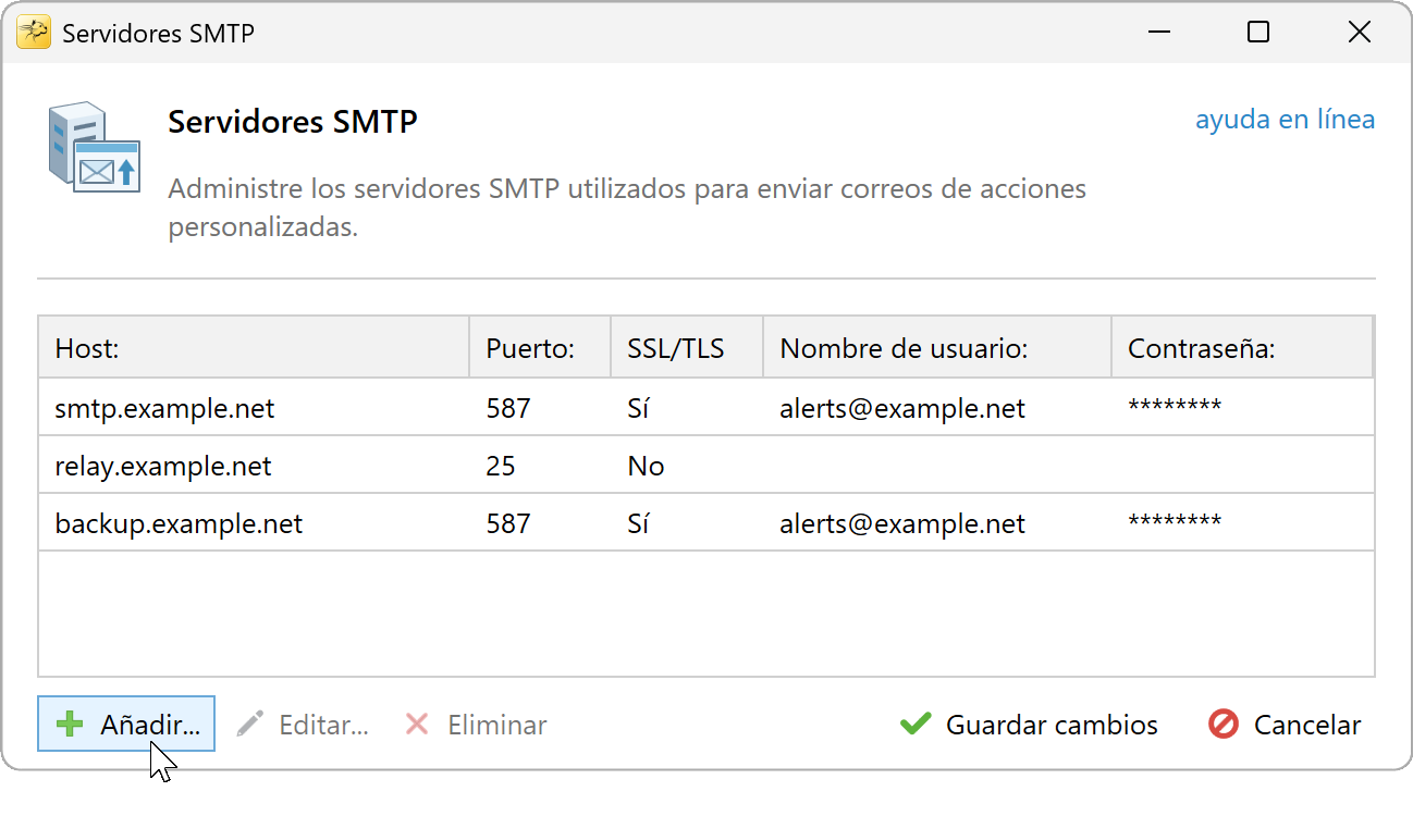 Hacer clic en Agregar en la ventana Servidores SMTP
