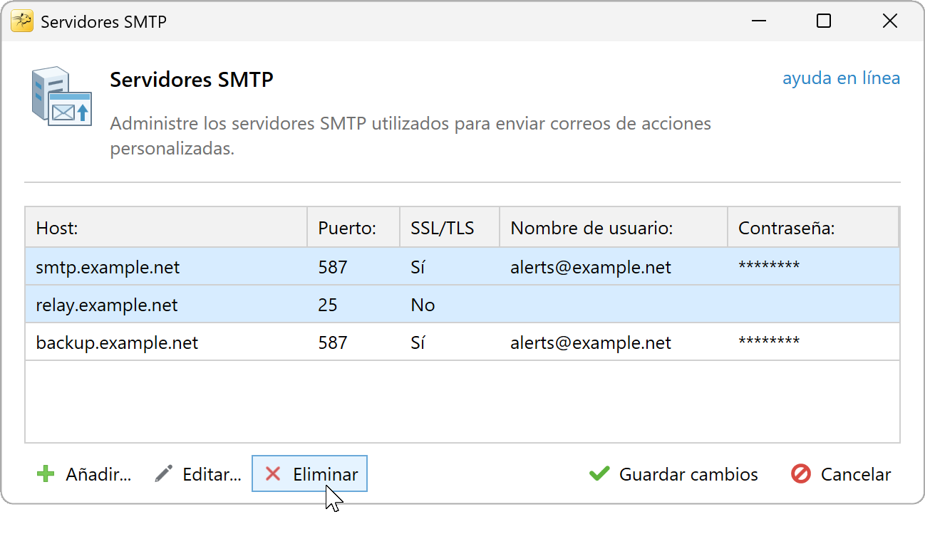 Seleccionar servidores SMTP y hacer clic en Eliminar