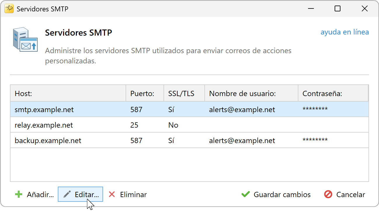 Seleccionar un servidor SMTP y hacer clic en Editar