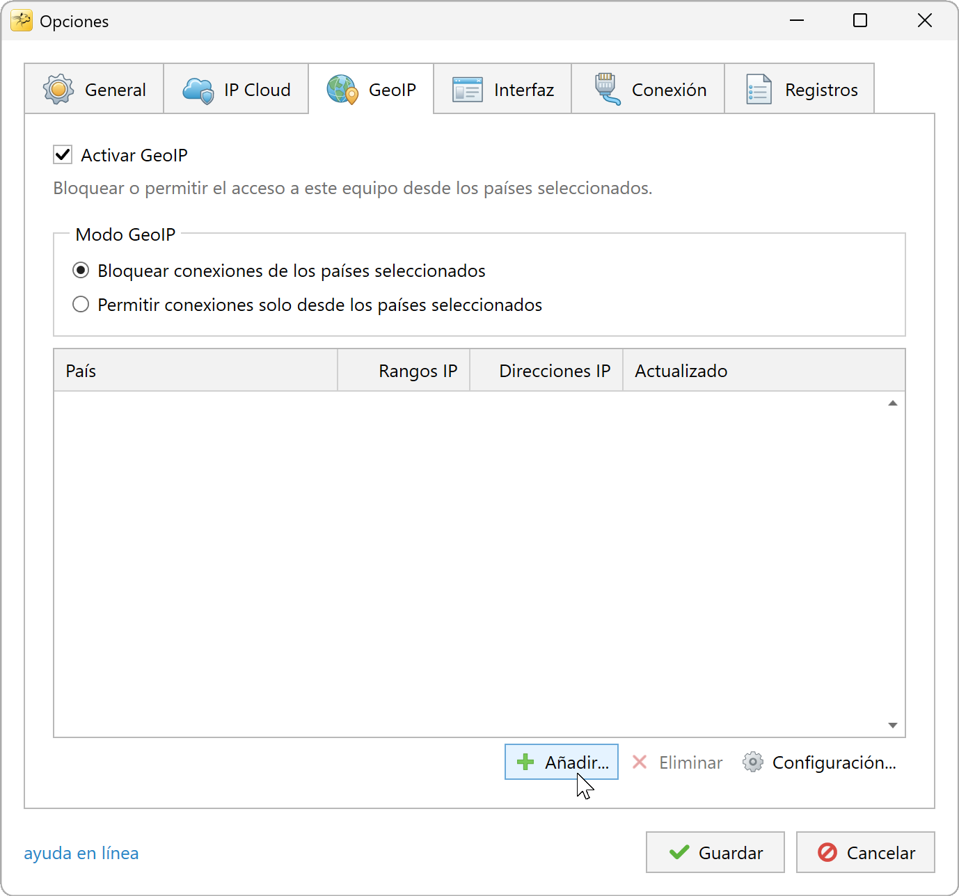 Configuración GeoIP en modo Denegar con el botón Agregar seleccionado