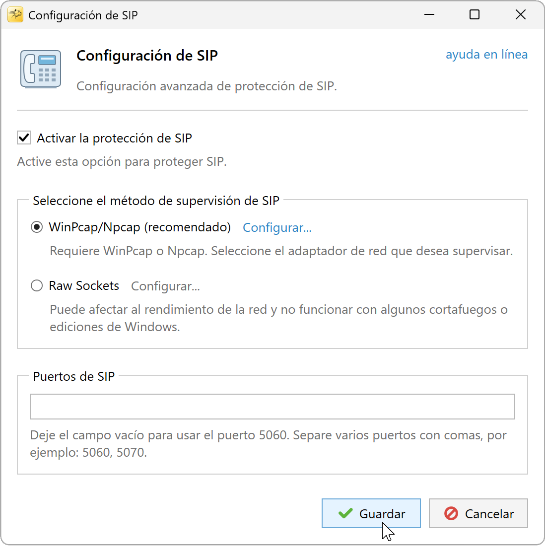 Configuración SIP con protección habilitada, WinPcap/Npcap seleccionado y puertos SIP predeterminados