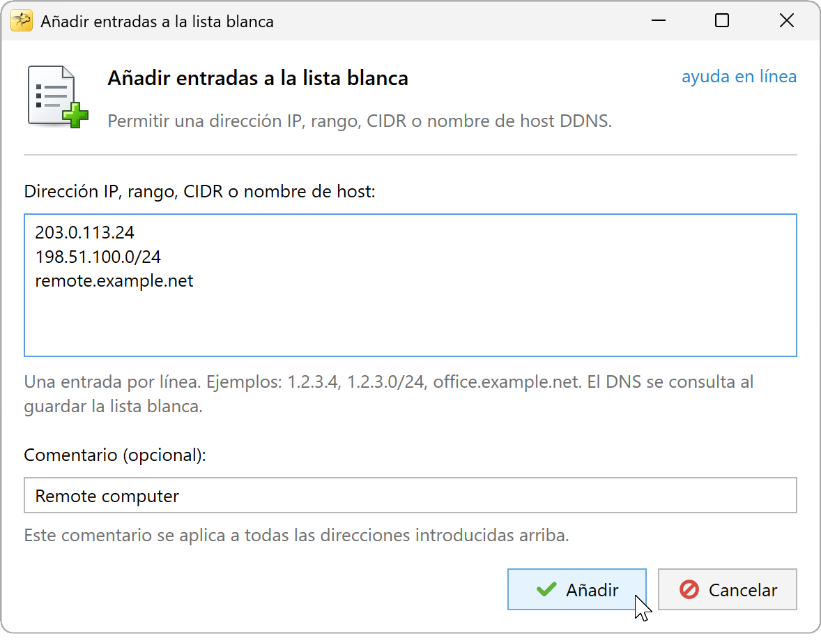 Ventana de adición a la lista blanca, con una dirección o nombre de host por línea