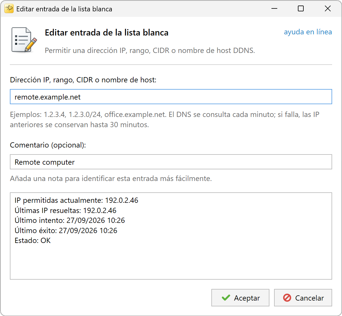 Edición de una entrada de la lista blanca con las IP permitidas del nombre de host y su estado DNS