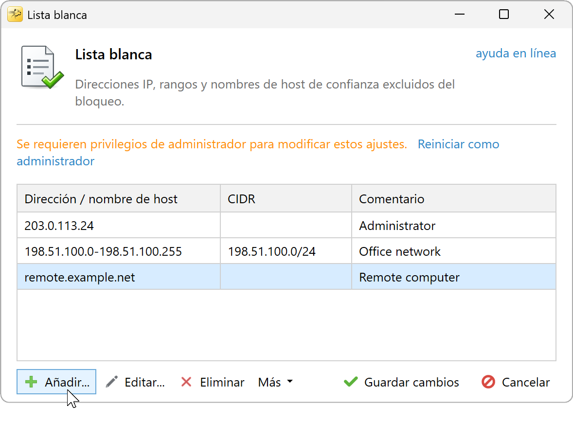 Lista blanca con una dirección IP, un rango IP y un nombre de host DNS
