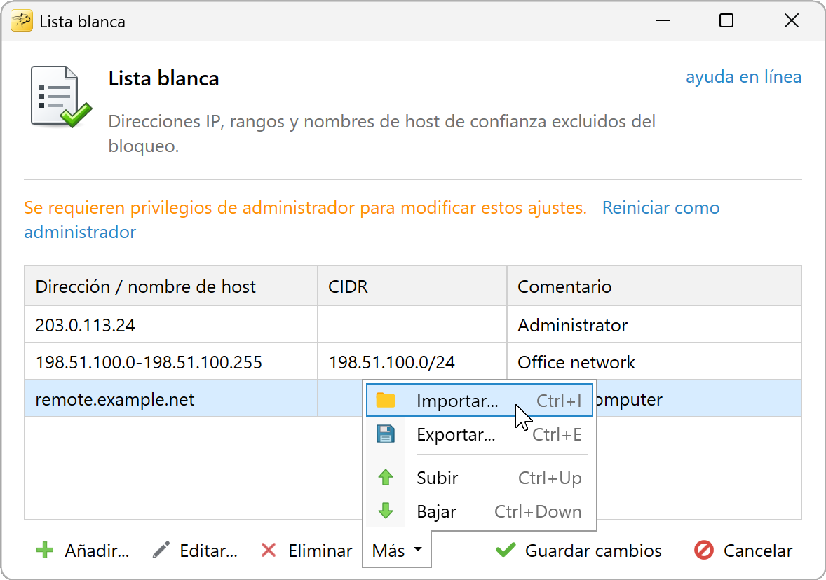 Menú Más de la lista blanca con los comandos Importar y Exportar
