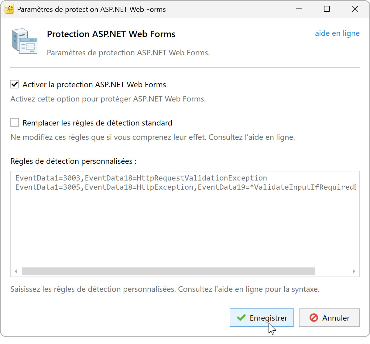 Protection ASP.NET Web Forms activée avec les règles de détection standard