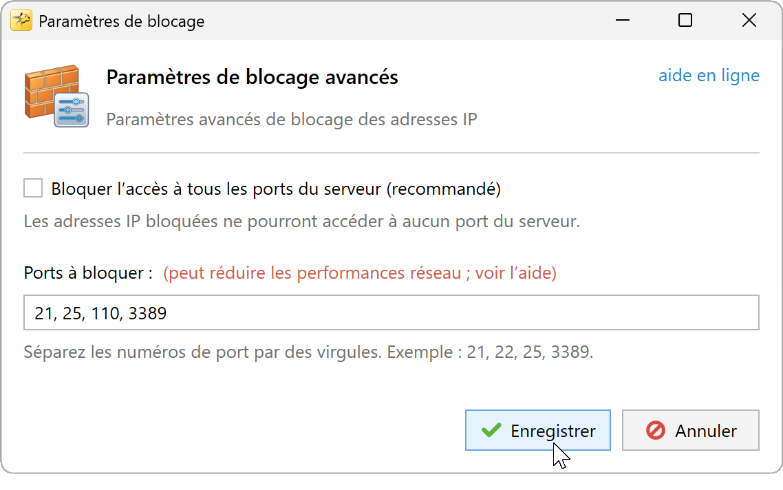 Paramètres de blocage avec les ports 21, 25, 110 et 3389